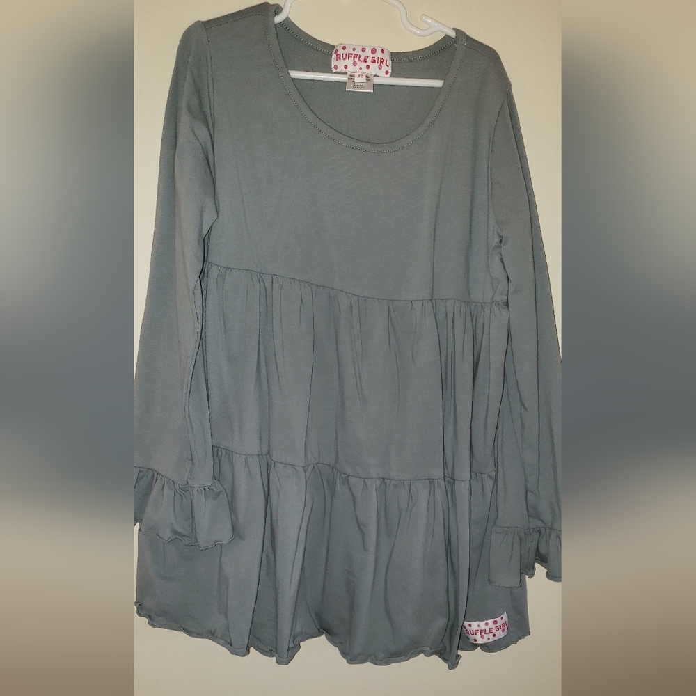 Ruffle Girl brand boutique two piece set with gray top teal/ gray leggings sz 12